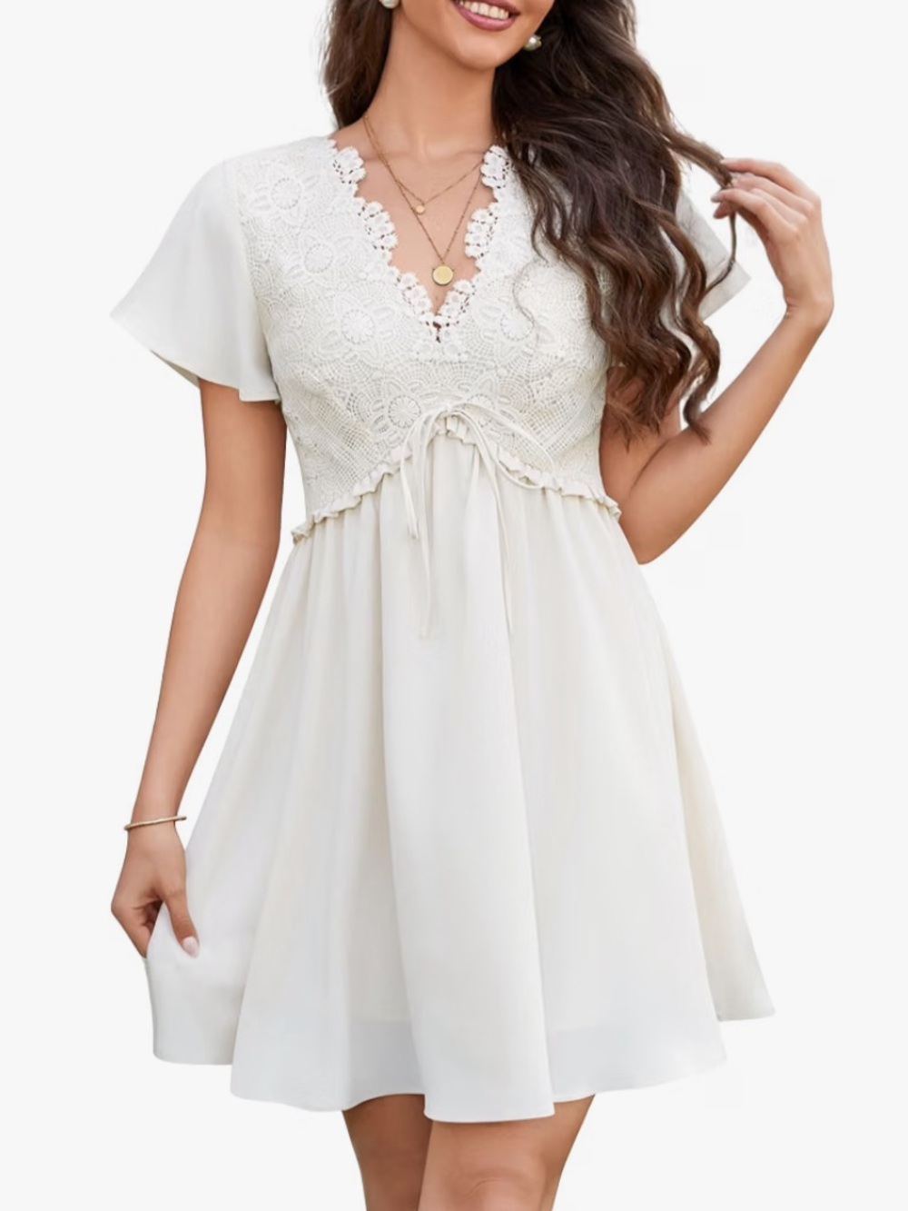 Florboom Wonen’s Lace Floral Boho Deep V Neck Flutter Short Sleeve Mini Dress